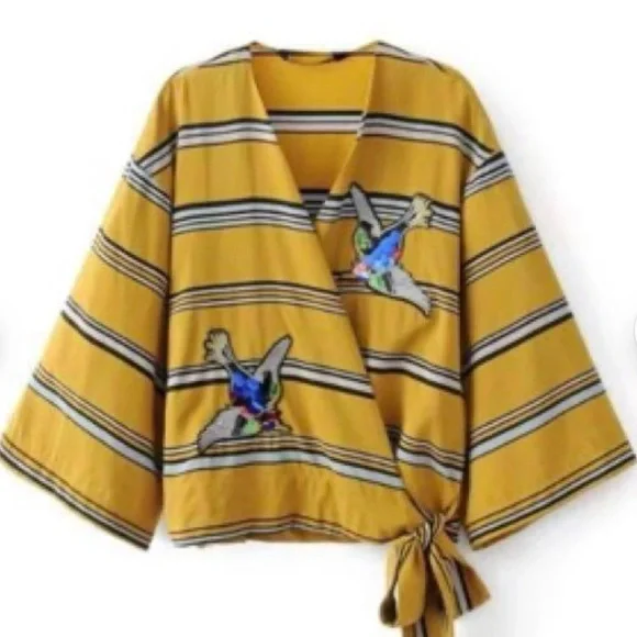 Zara Kimono Wrap Sequin Top Size Medium/Large Mustard Yellow Great Condition - Picture 3 of 12